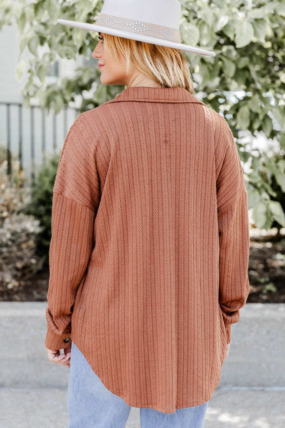 Textured Knit Rounded Hem Casual Shacket | Chestnut