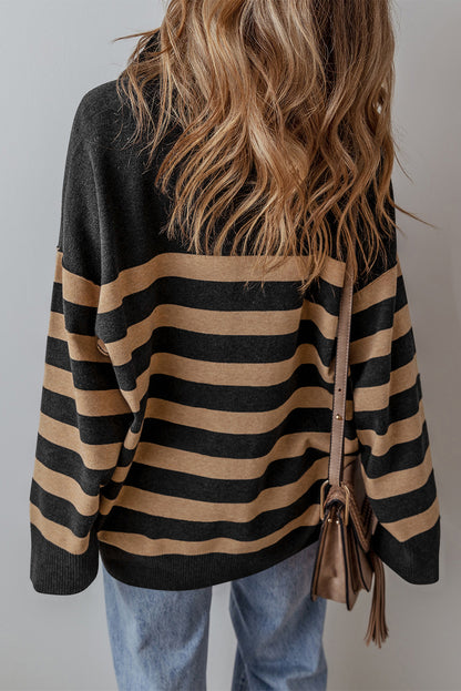 Collared Quarter Zipper Oversized Sweater | Black Stripe