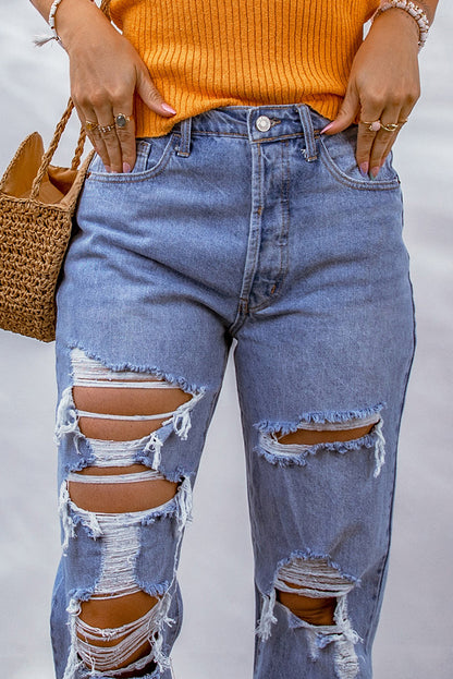 Heavy Destroyed Big Hole Boyfriend Jeans | Sky Blue