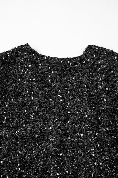 Colour Black Plus Size Bubble Sleeve V Neck Sequin Dress | Colour black