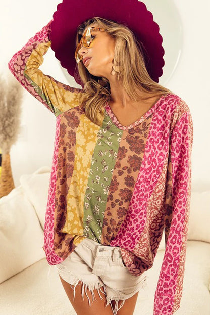 Floral Leopard Mixed Print V Neck Long Sleeve Tee | Multicolour