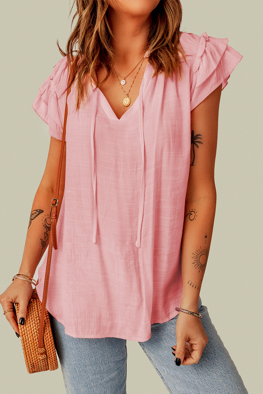 Tiered Ruffled Drawstring V Neck Top | Pink