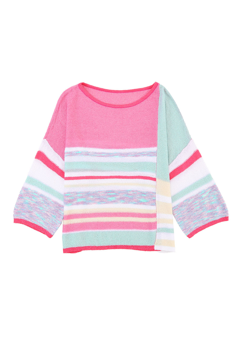 Colour Block Striped Three-Quarter Sleeve Knitted Top | Pink