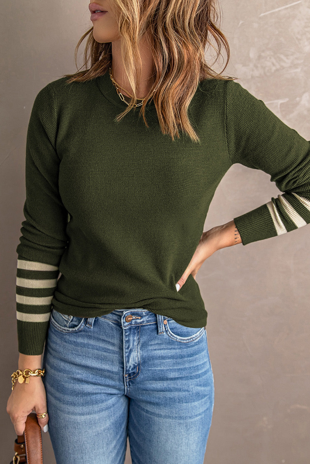 Striped Sleeve Plain Knit Sweater | Green