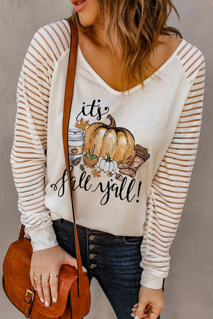 Its Fall Y'All! Pumpkin Graphic Print V Neck Top | White