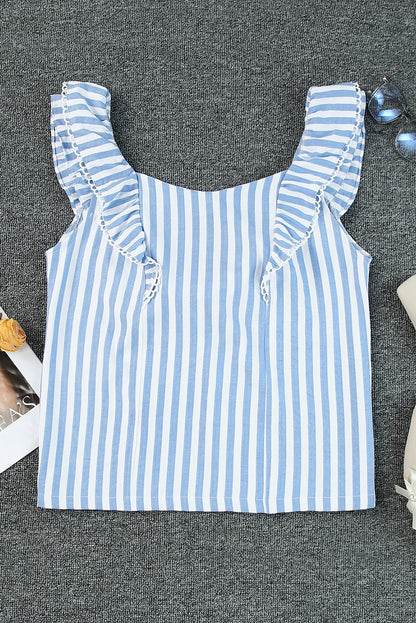 Striped Tie Back Ruffle Trim Tank Top | Blue