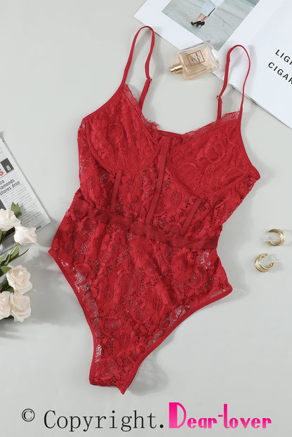 Fiery  Lace Panelled Teddy Lingerie | Red