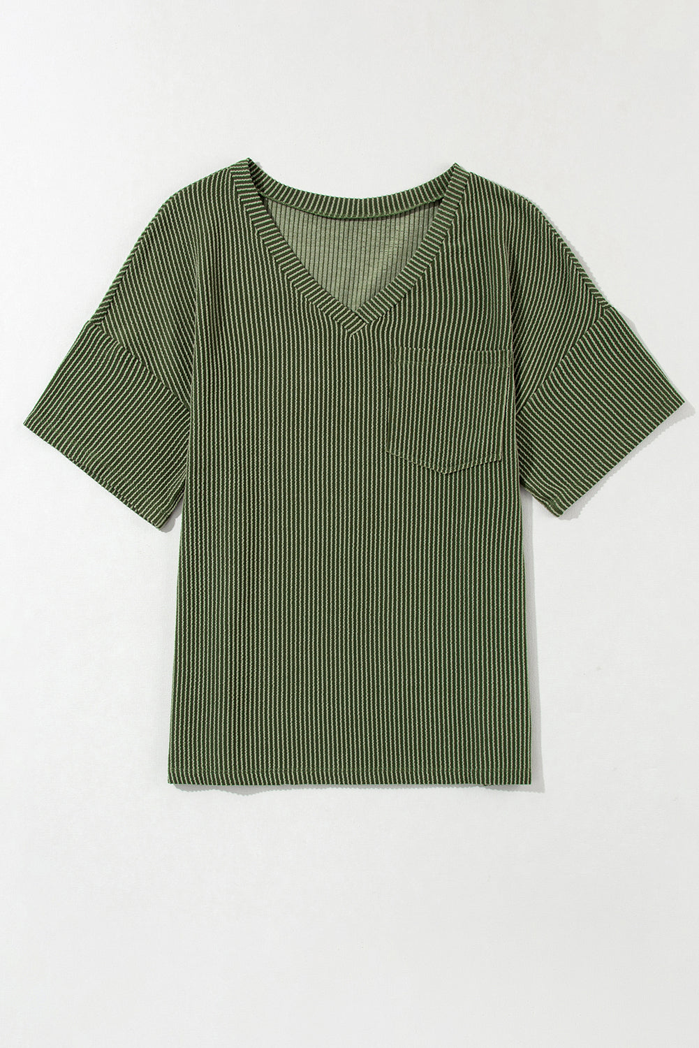 Corded V Neck Chest Pocket Loose T-Shirt | Jungle Green