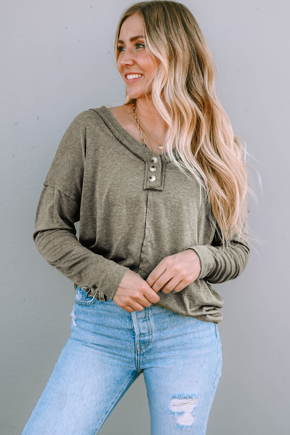 Long Sleeve V-Neck Stitching Henley Top | Khaki