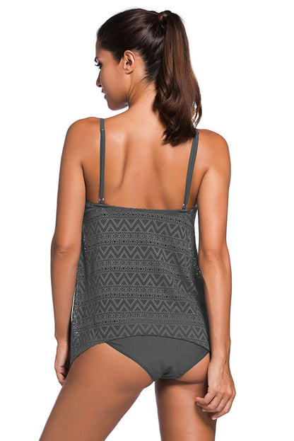 Lace Overlay Spaghetti Straps Tankini Swimsuit | Grey