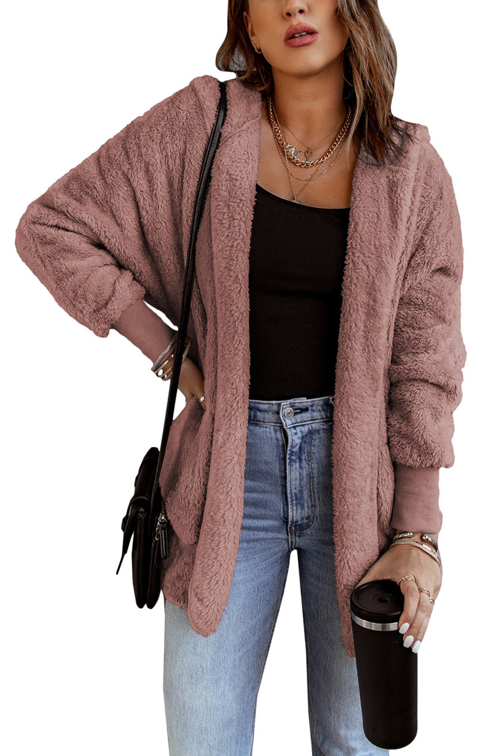 Soft Fleece Hooded Open Front Jacket | Pink