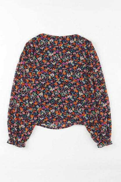 V Neck Bubble Sleeve Floral Blouse | Black