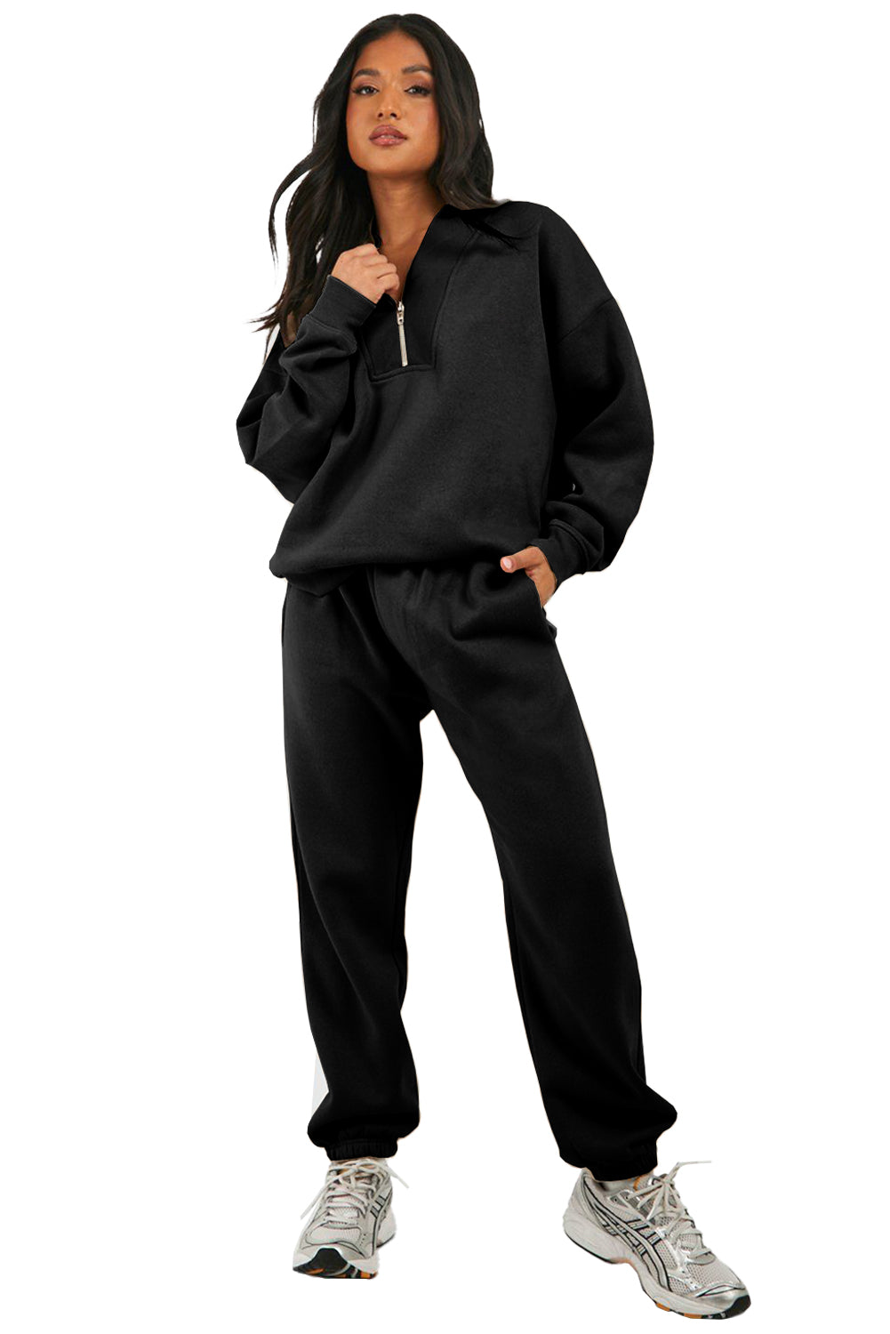 Plain Half Zip V Neck Ribbed Edge Loose Tracksuit | Black