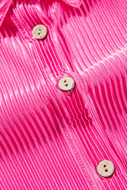 Satin Pleated Short Sleeve Shirt | Bright Pink