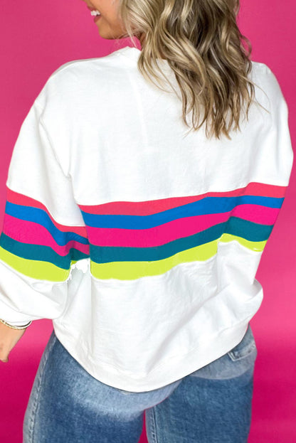 Plus Size Colourful Striped Drop Shoulder Loose Sweatshirt | White