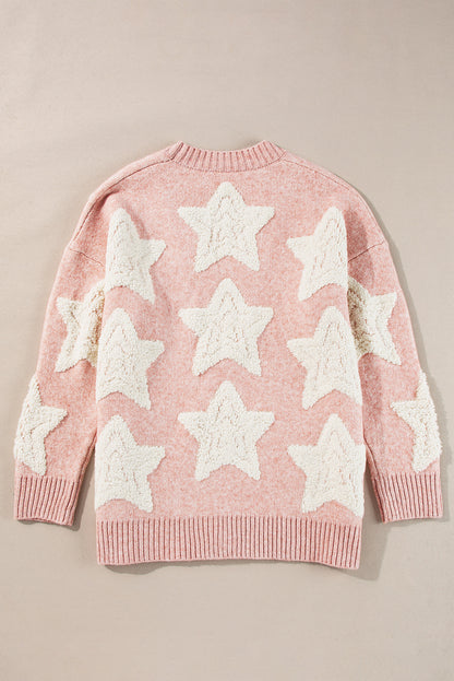 Sherpa Star Pattern Textured Sweater Cardigan With Pockets | Pink