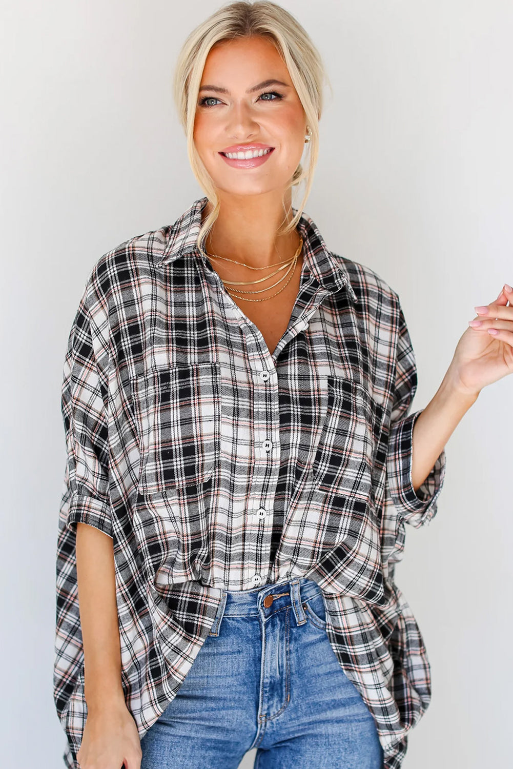 Plaid Print Chest Pockets Oversize Shirt | Black