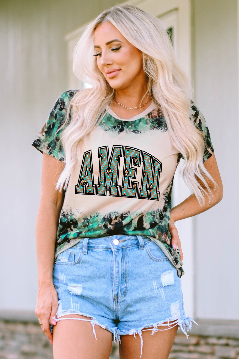 Amen Aztec Bleached Print Round Neck T Shirt | Leopard