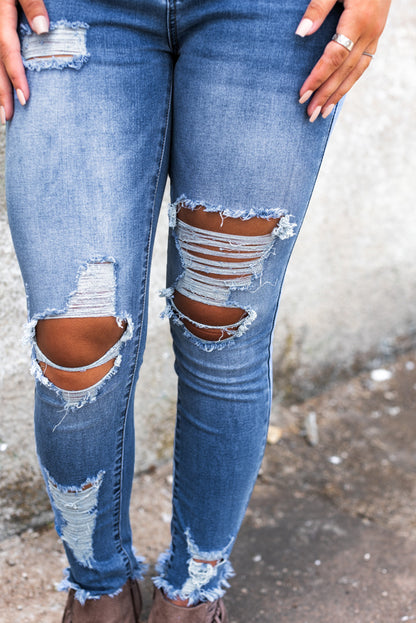 High Waist Distressed Skinny Jeans | Sky Blue