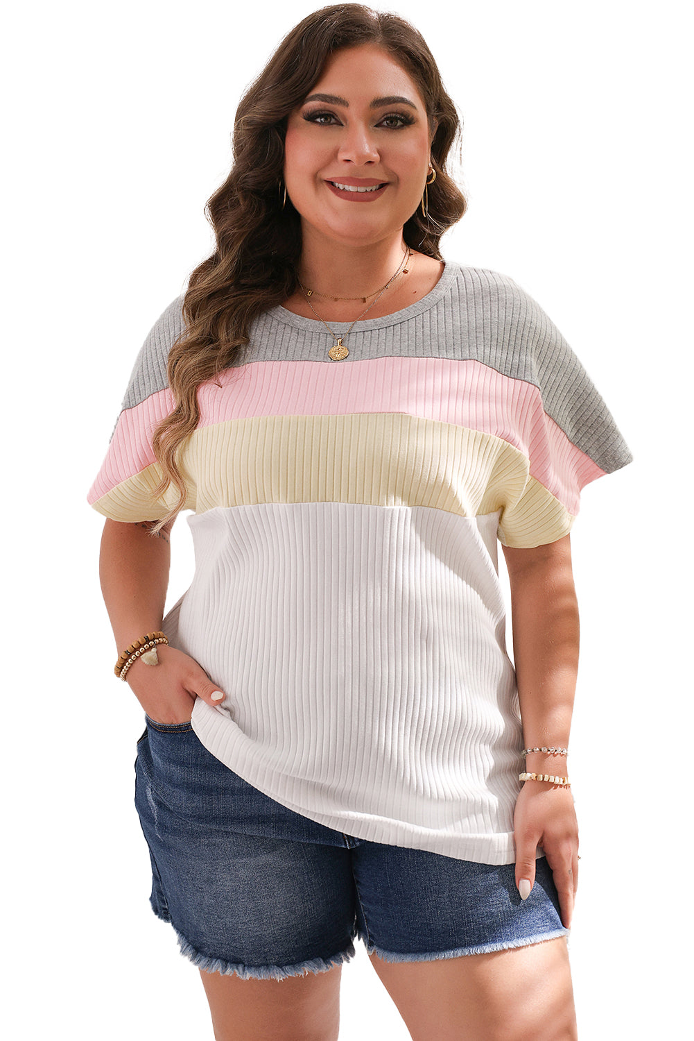 Colourblock Patchwork Batwing Sleeve Ribbed Plus T Shirt | White