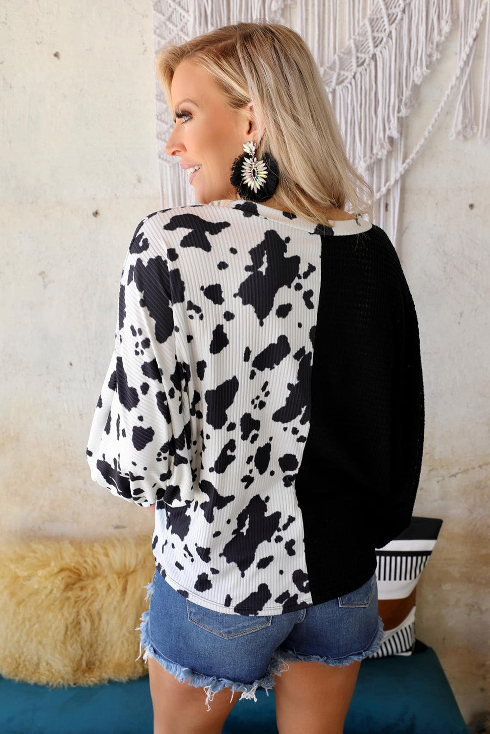 Cow Patchwork Waffle Knit Long Sleeve Top | Black