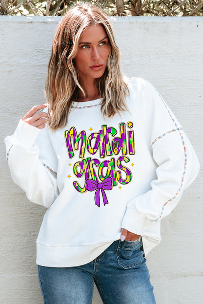 Mardi Gras Bowknot Printed Contrast Trim Drop Shoulder Sweatshirt | White