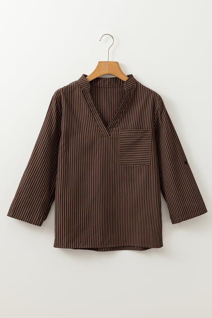 V Neck Roll Up Sleeve Pocket Patched Classic Shirt | Brown Stripe