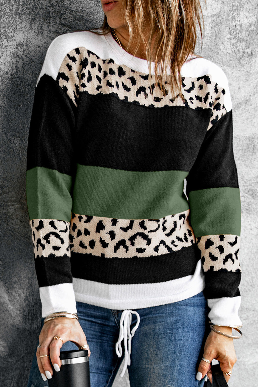 Green Crewneck Leopard Color Block Knit Pullover Sweater