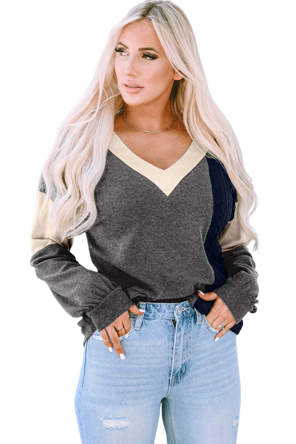 Brushed Contrast Knit V Neck Colourblock Long Sleeve Top | Black