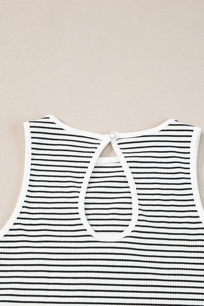 Striped Print Ribbed Knit Sleeveless Top | White