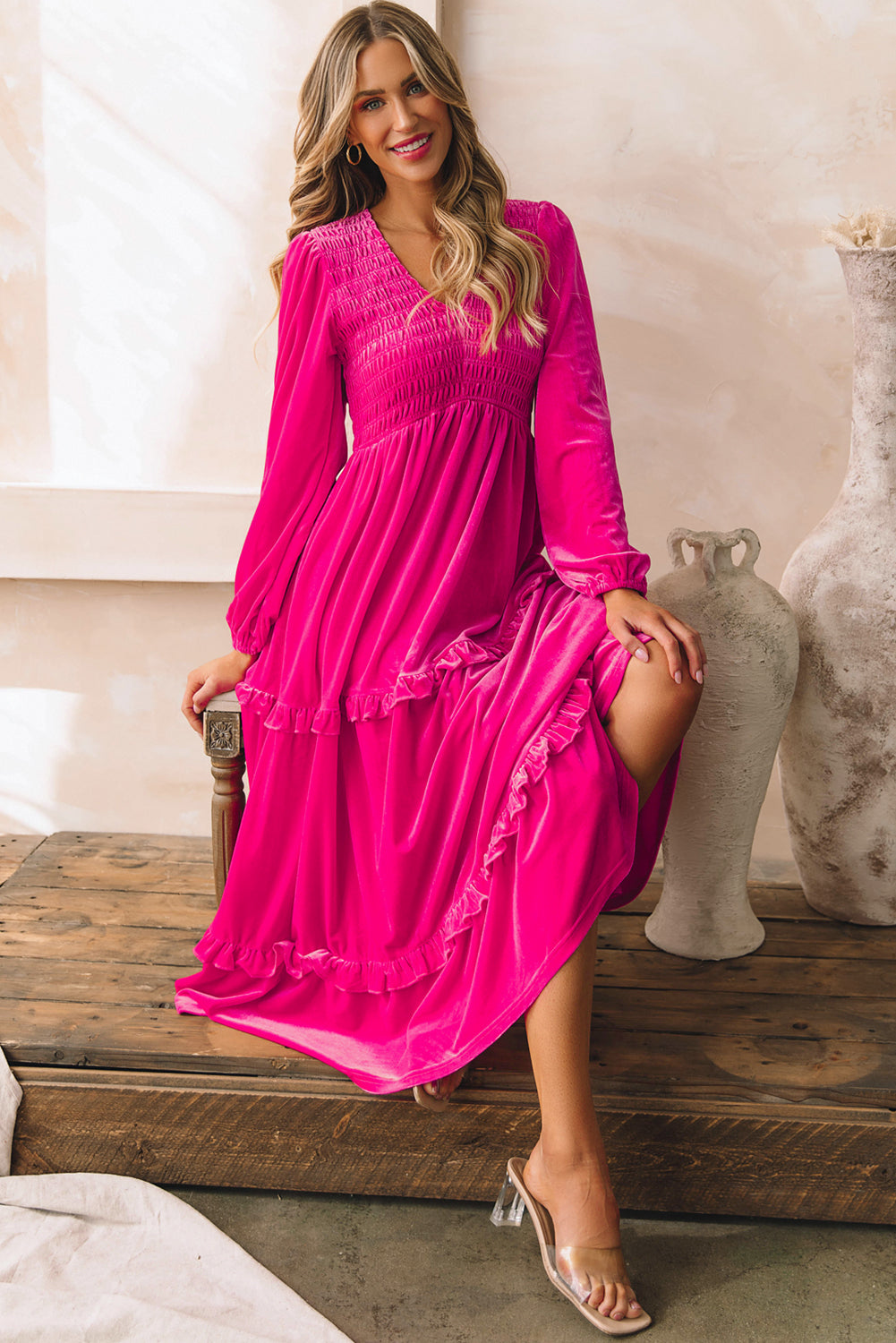 Shirred V Neck Long Sleeve Velvet Dress | Rose Red