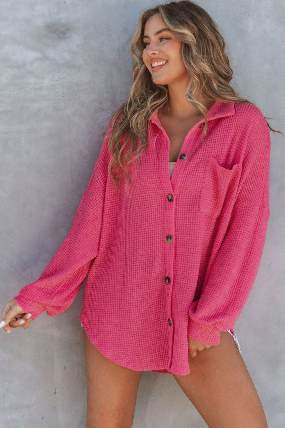 Waffle Knit Button Up Casual Shirt | Pink