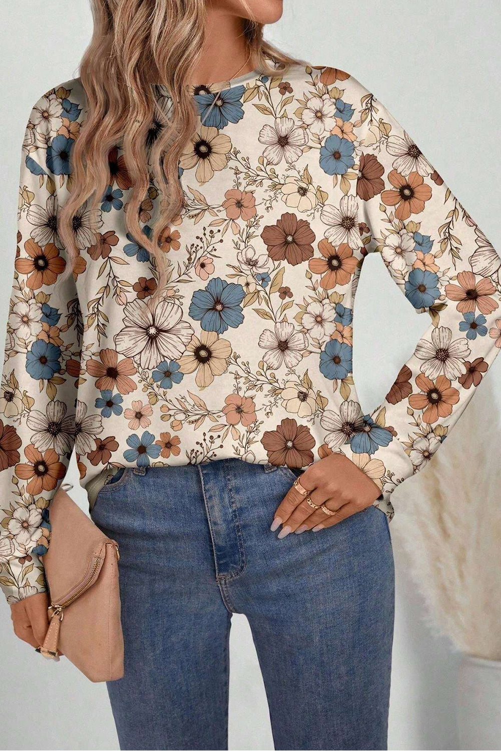 Floral Print Loose Crew Neck Long Sleeve T Shirt | Khaki