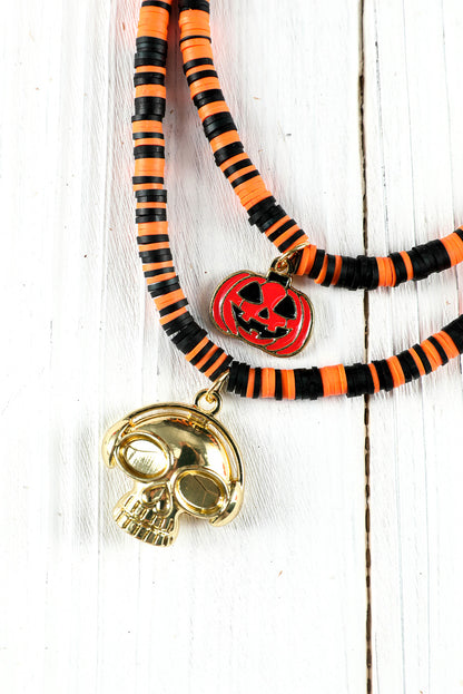 Skull Pumpkin Face Pendant Layered Beaded Halloween Necklace | Russet Orange