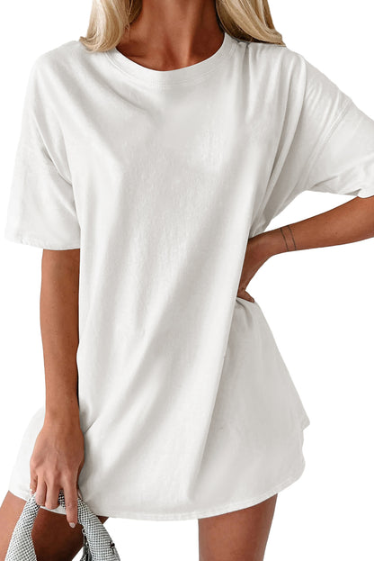 Solid Colour Round Neck Basic Tunic T Shirt | White