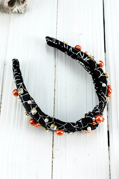 Pearled Rhinestone Knotted Spiderweb Halloween Headband | Black