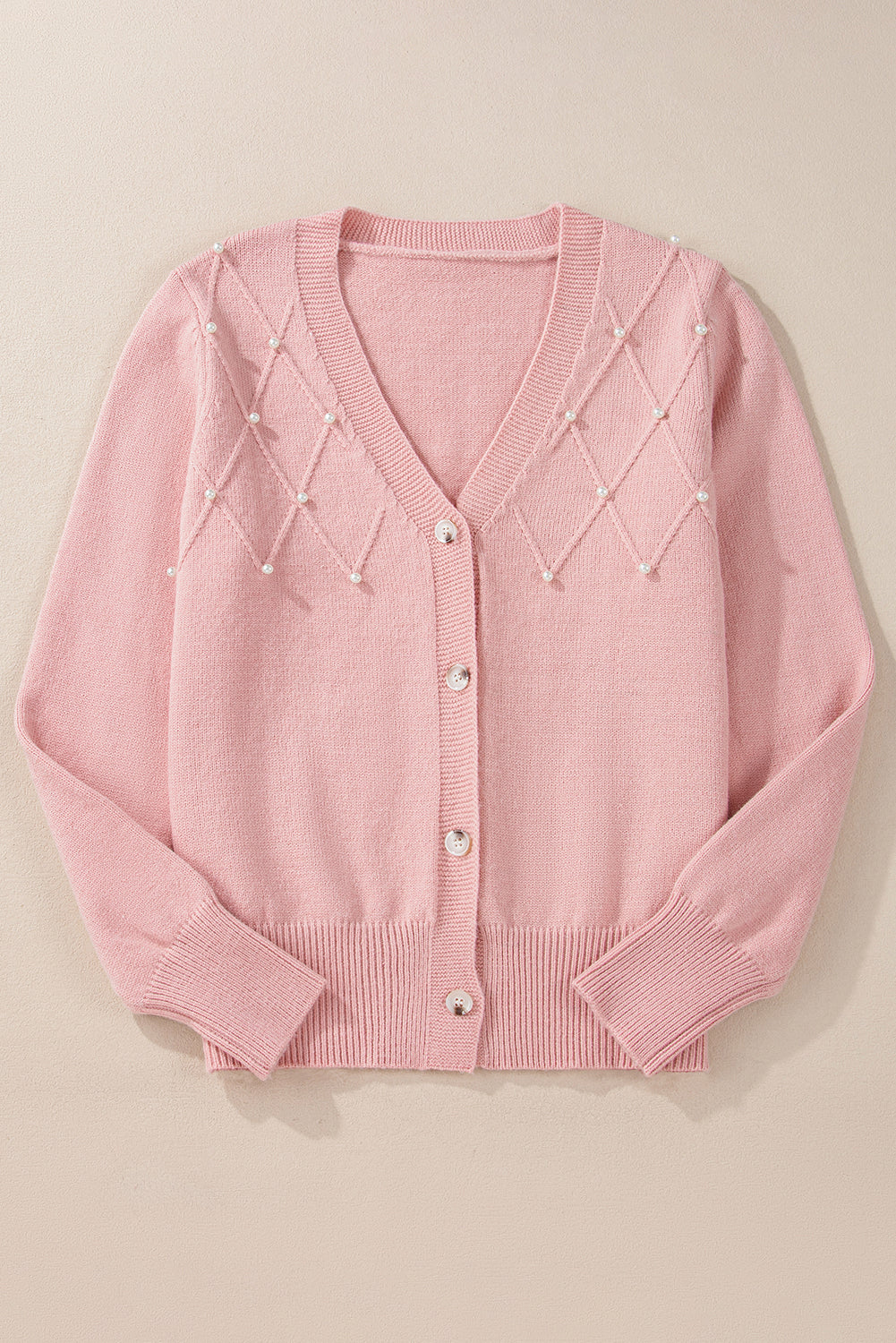 Textured Knit Pearl Beaded Button Up Cardigan | Sepia Rose