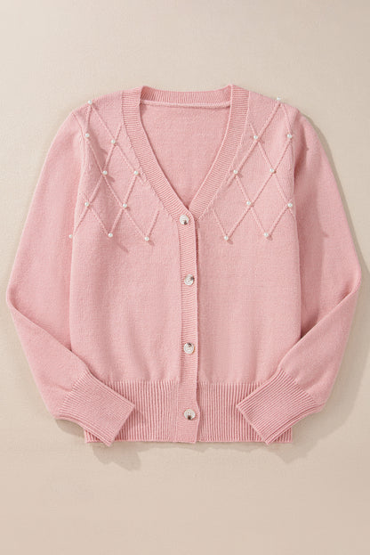 Textured Knit Pearl Beaded Button Up Cardigan | Sepia Rose