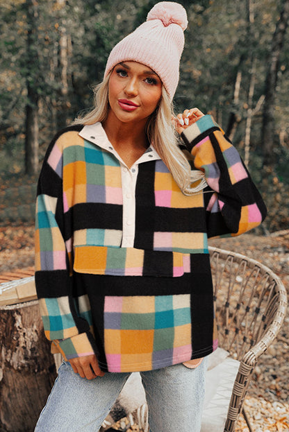 Plaid Print Pocketed Half Button Collared Sweatshirt | Black