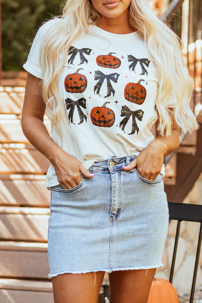 Halloween Pumpkin Face Bowknot Graphic T Shirt | White