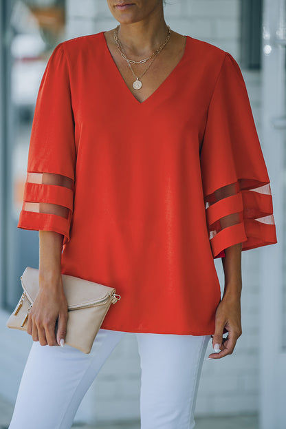 Fiery  Flare Sleeve V Neck Loose Blouse | Red