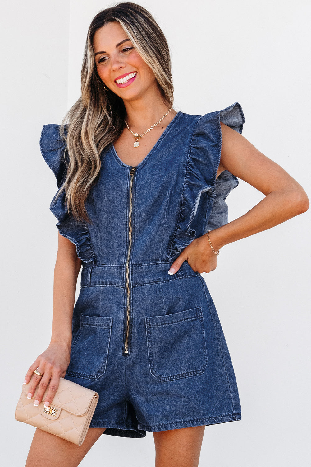 Denim Ruffled Zipped Front Belted Romper | Sail Blue