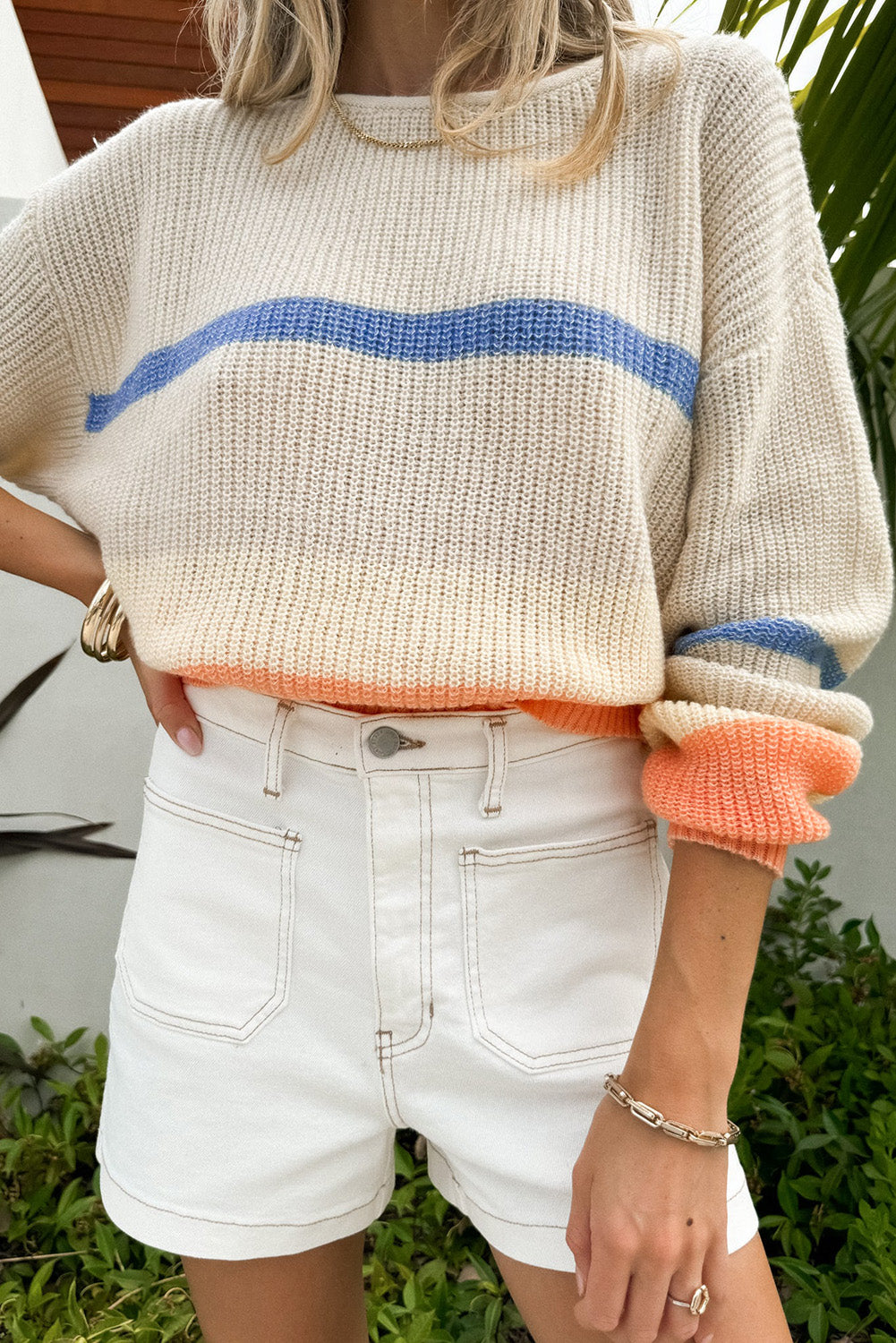 Colourblock Striped Drop Shoulder Cozy Sweater | Beige