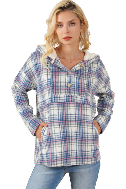 Plaid Button Neck Pocketed Pullover Hoodie | White