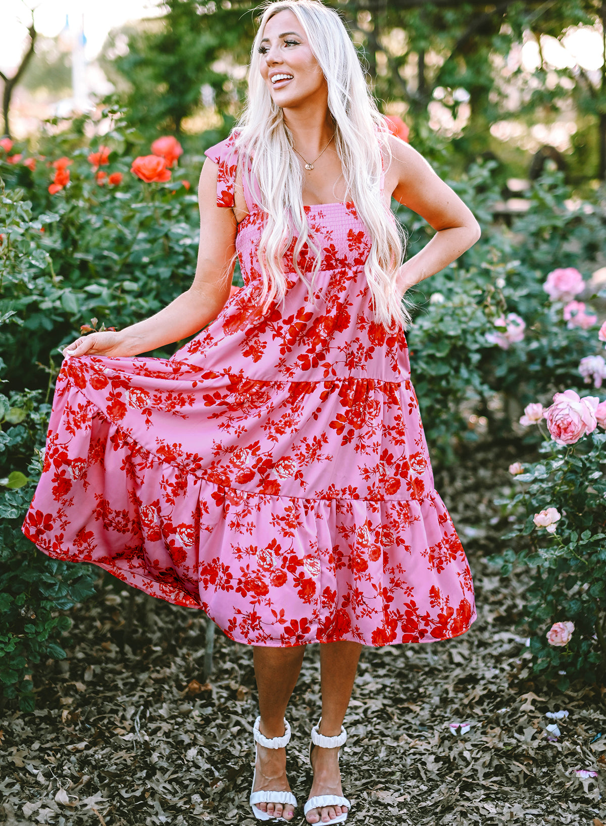 Tie Shoulder Straps Tiered Floral Dress | Pink