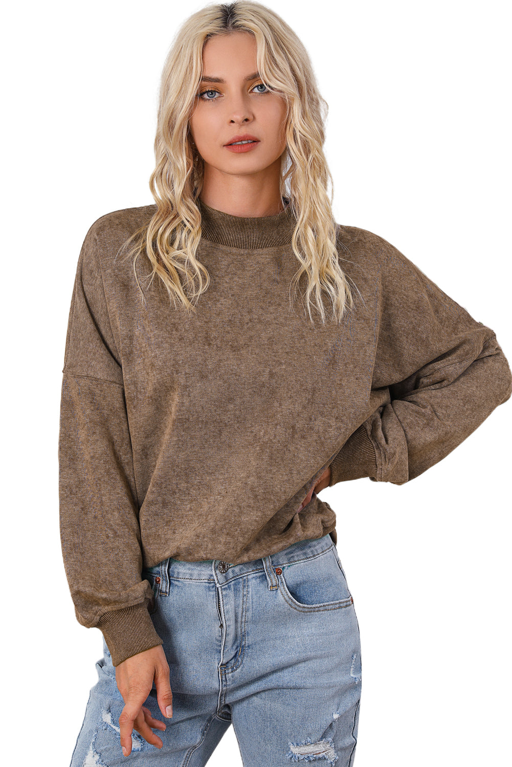 Drop Shoulder Crew Neck Pullover Sweatshirt | Brown