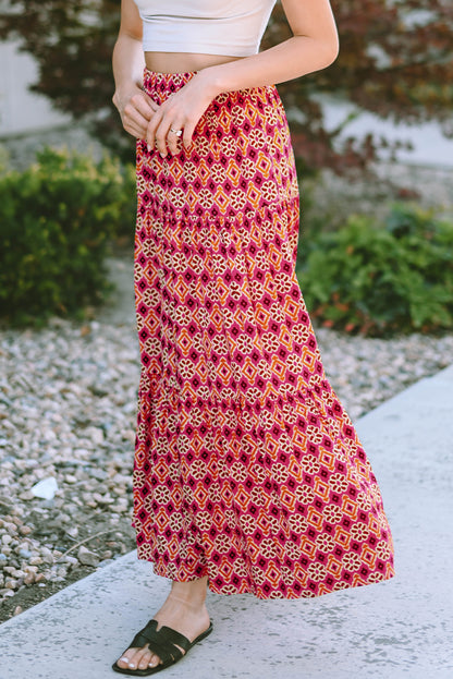 Vintage Boho Floral Print Tiered Maxi Skirt | Rose