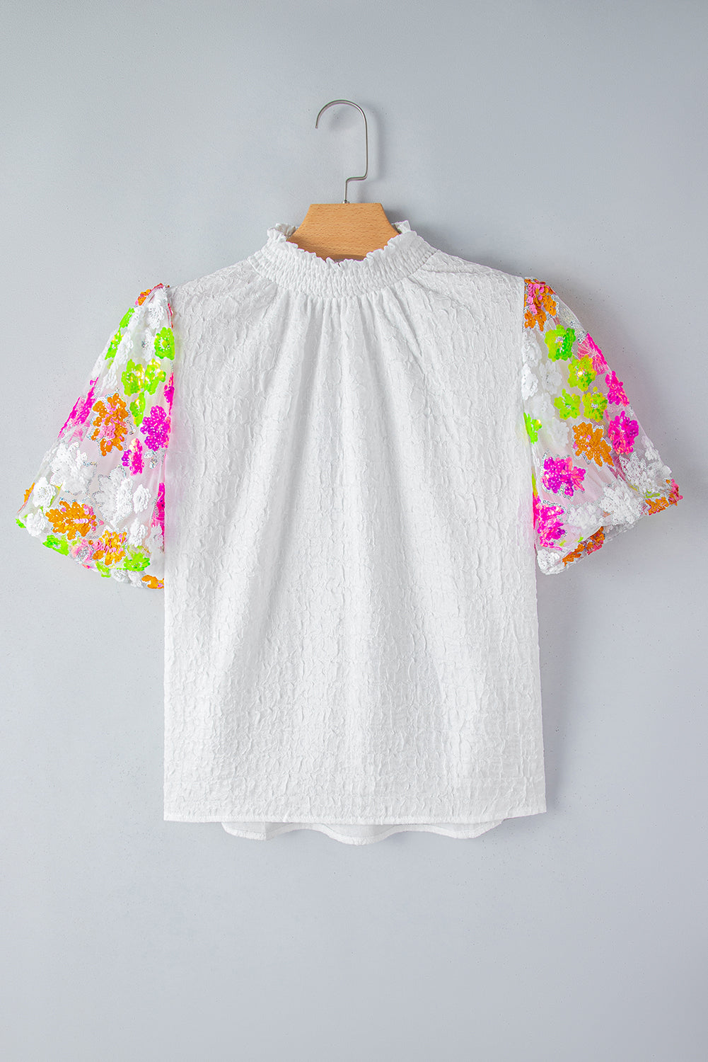 Smocked Collar Sequin Flower Puff Sleeve Textured Top | White