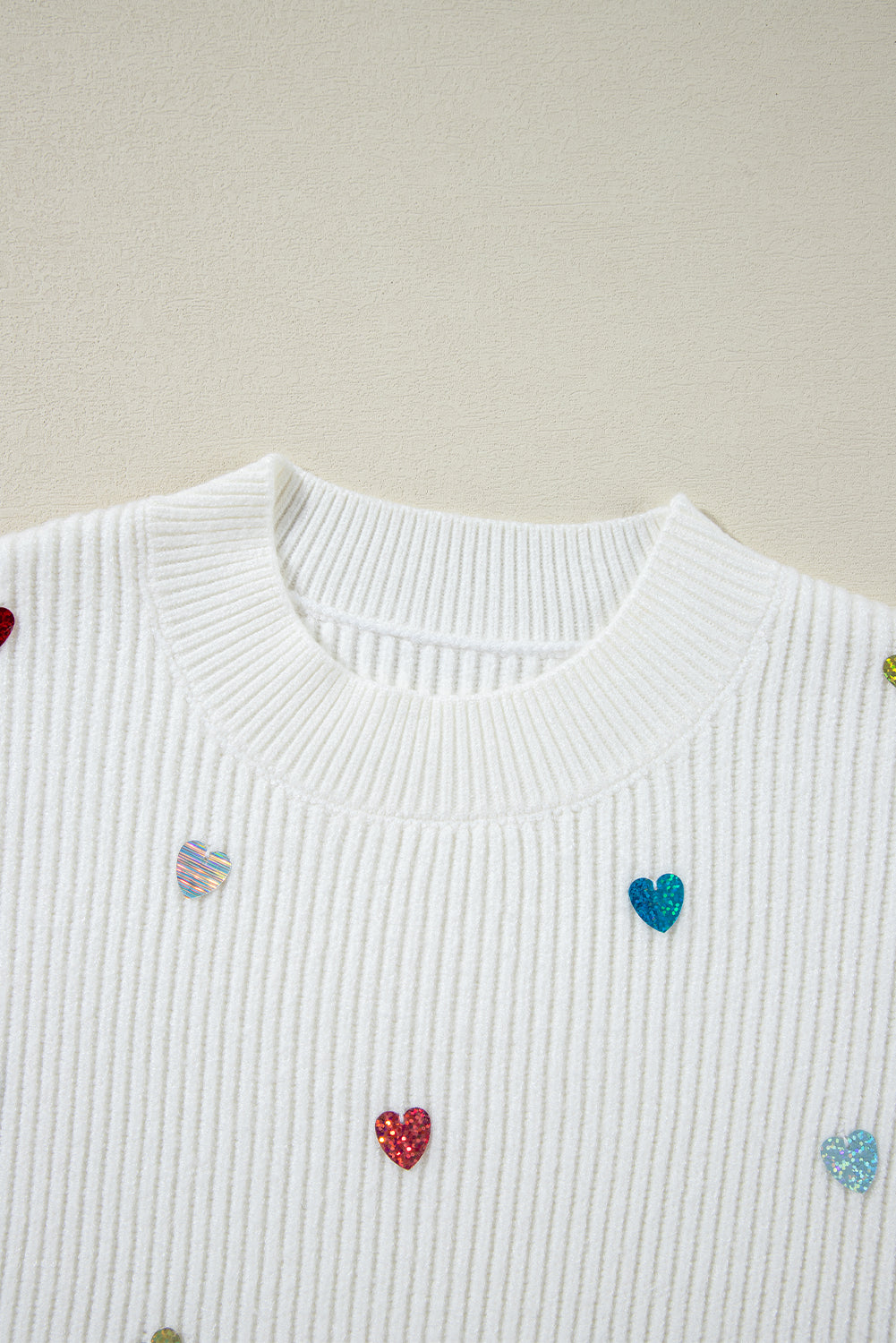 Sequin Heart Shape Waffle Knit Round Neck Sweater | Beige