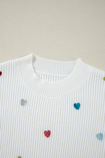 Sequin Heart Shape Waffle Knit Round Neck Sweater | Beige